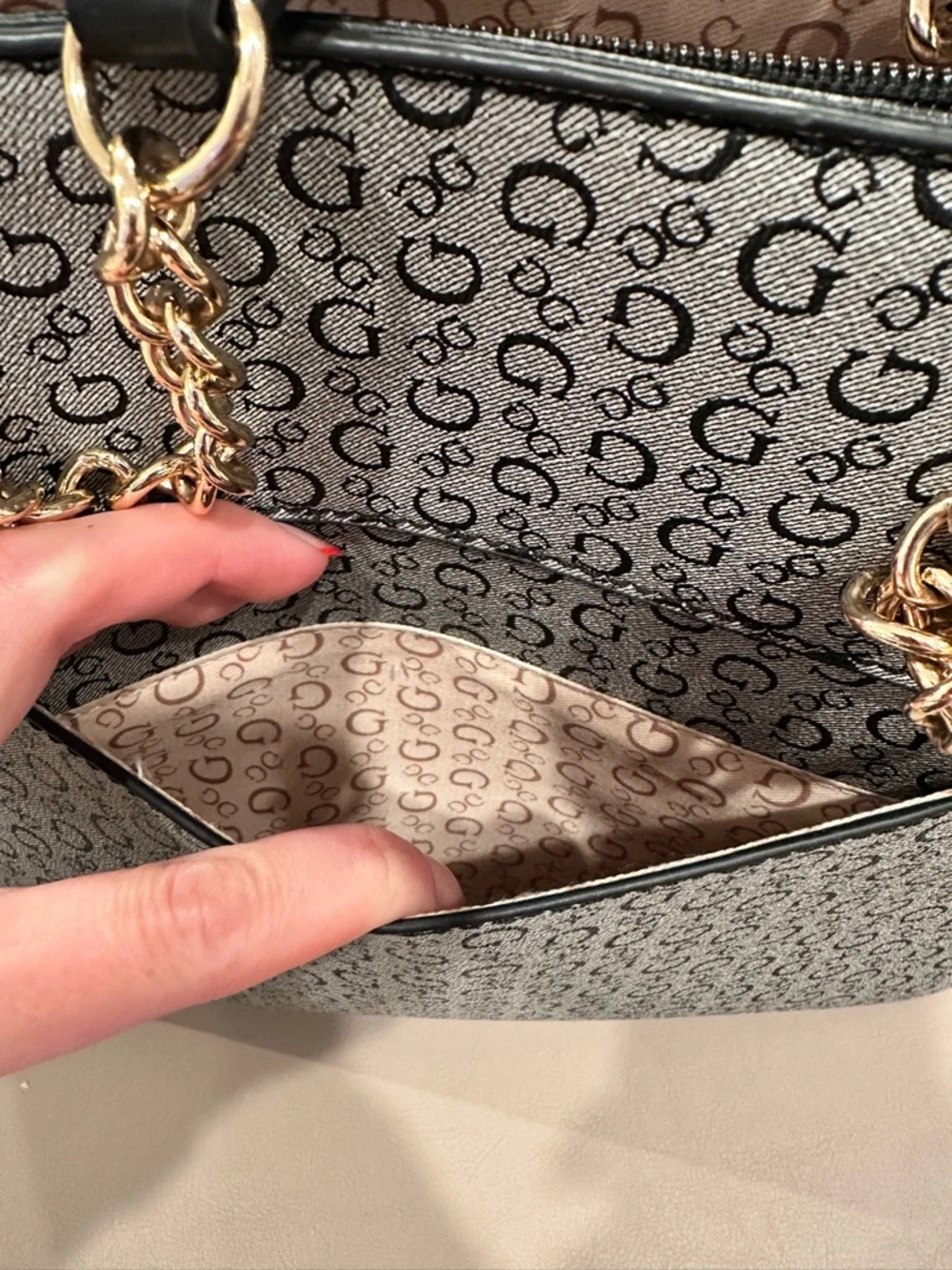 GUESS Black and Gray Logo Stripe Tote with Gold Chain Accents - Picture 5 of 8